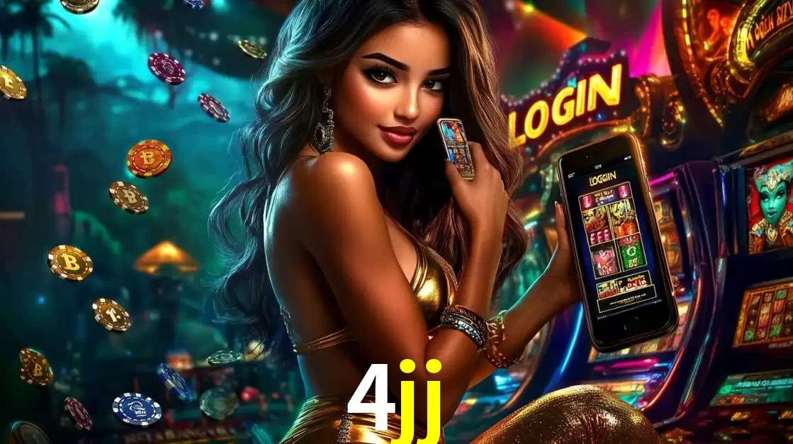 Mulher em um cenário de cassino temático de aventura, mostrando o app de caça-níqueis da 4jj no celular. Fichas de apostas flutuam ao redor.