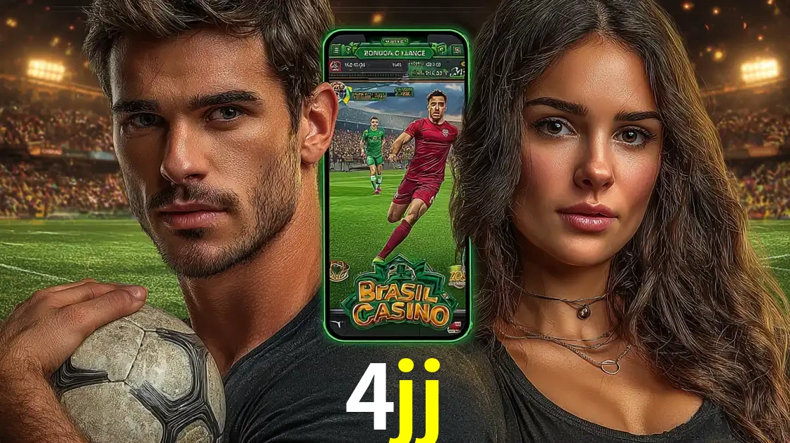 Homem segurando uma bola de futebol e uma mulher ao lado de um smartphone exibindo o jogo de apostas esportivas da 4jj. Faça seu palpite no cassino online.